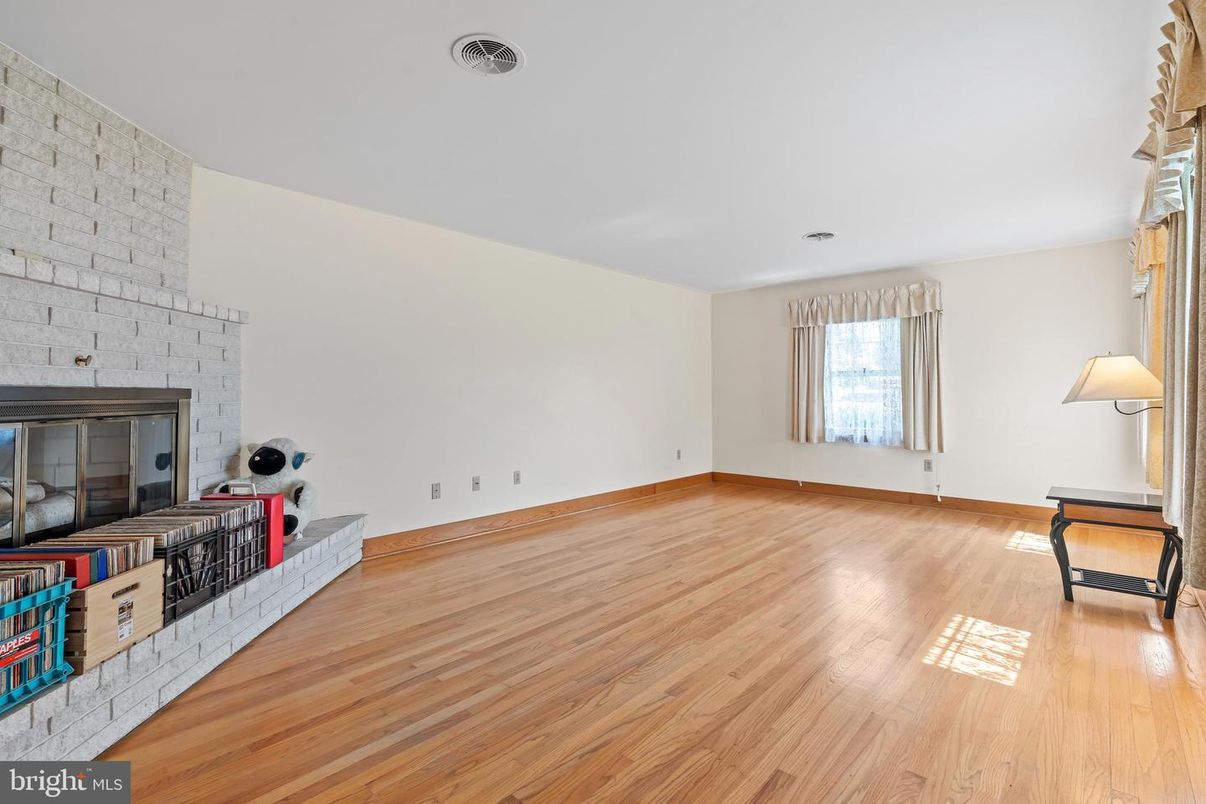 Empty room, Fireplace, Interior, Stone Walls, Wood Texture Flooring
