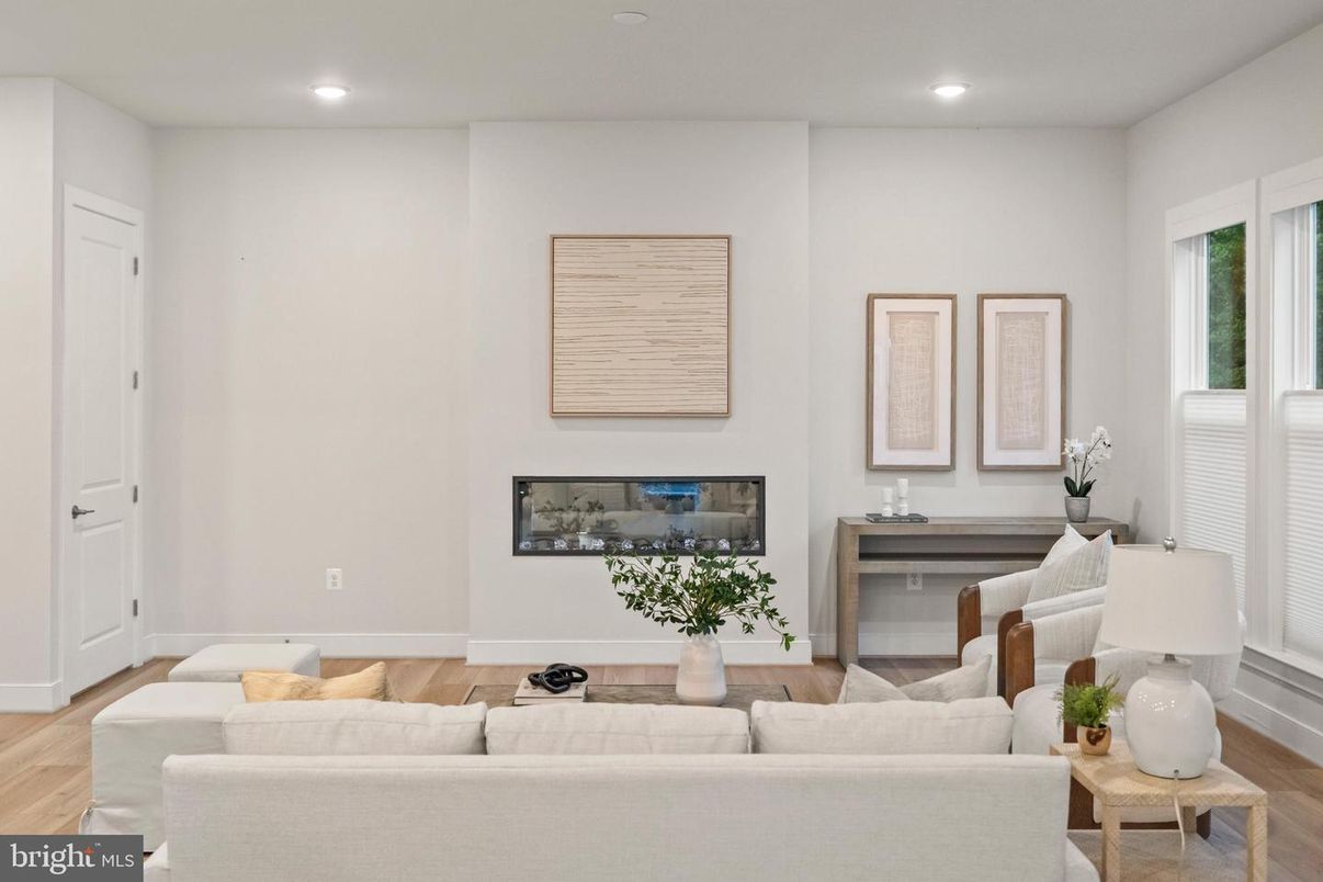 Fireplace, Interior, Living room, Recessed Lighting, Wood Texture Flooring