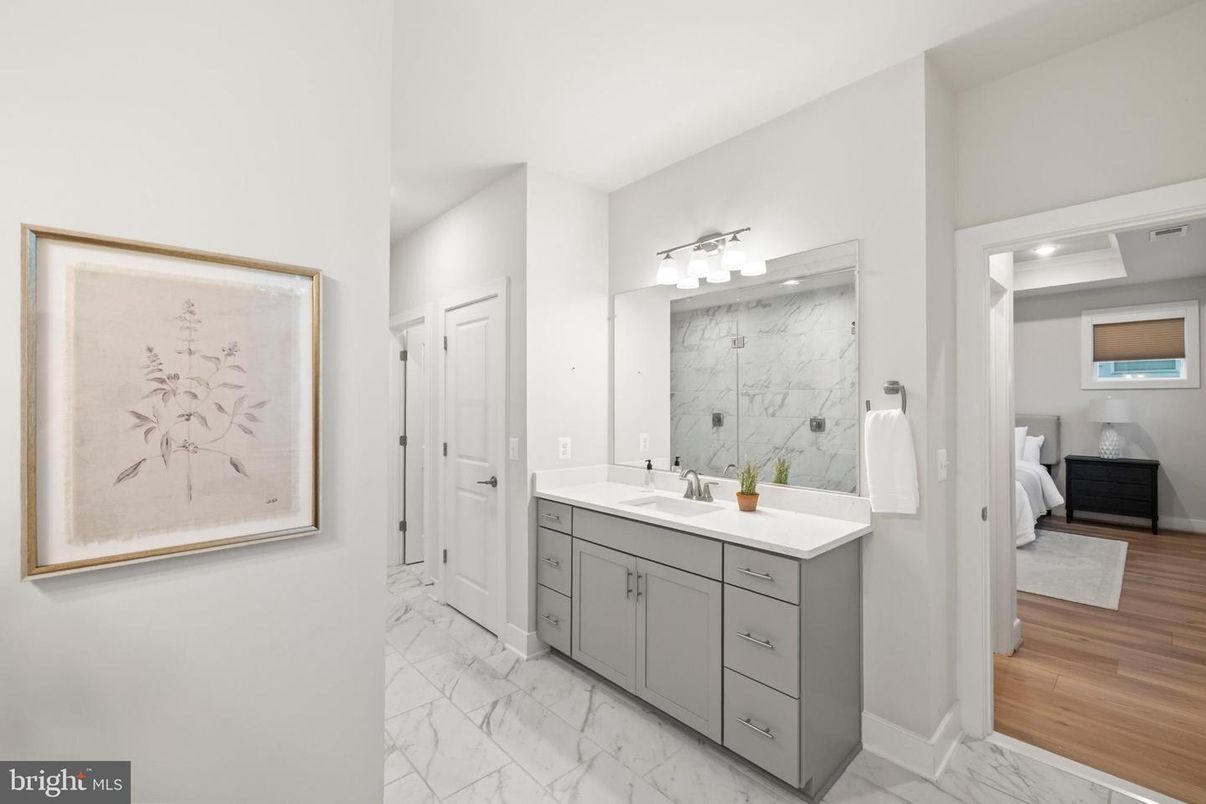 Bathroom, Bedroom, Dual Sink Vanities, Interior, Marble, Marble Walls, Wood Texture Flooring