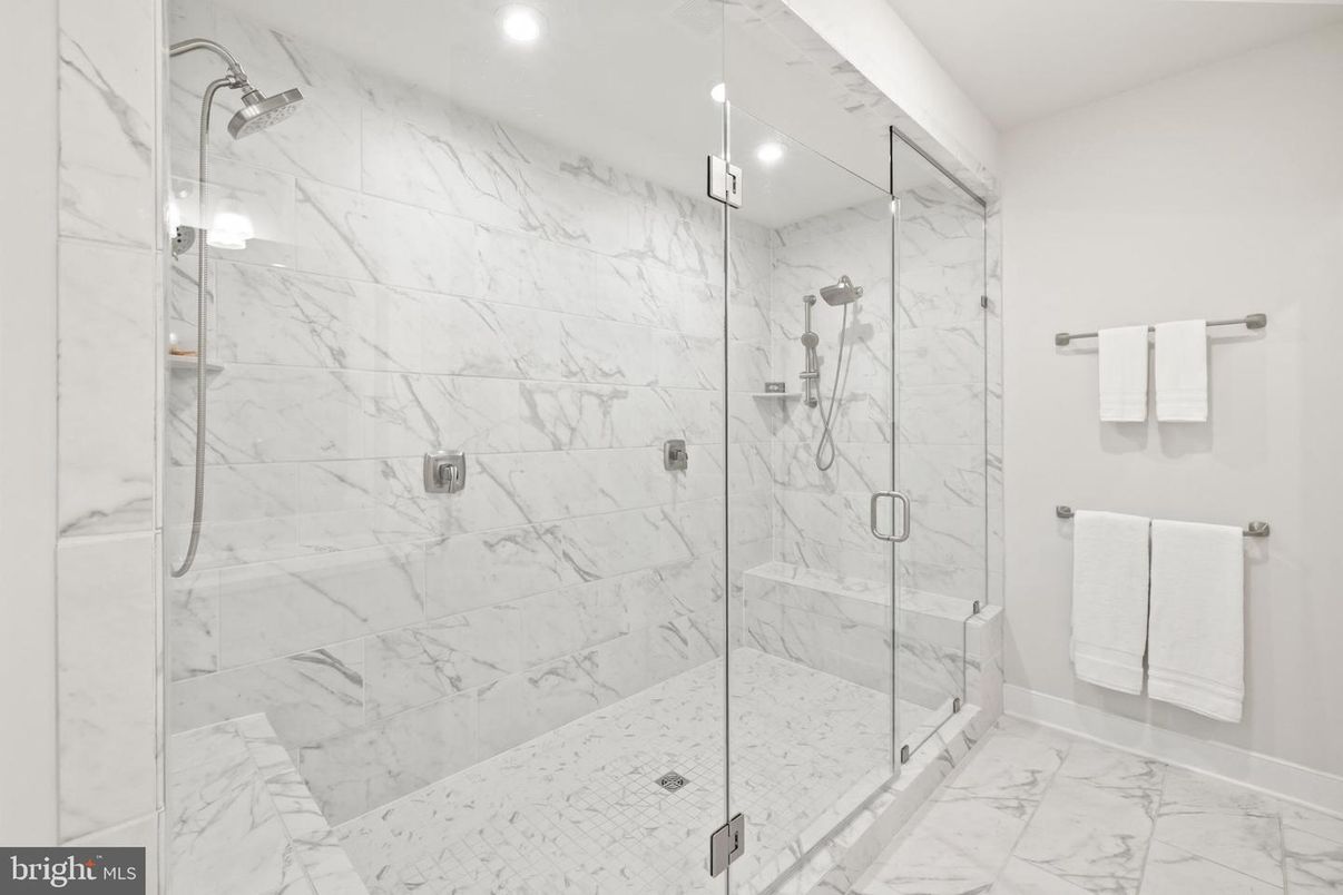 Bathroom, Glass Shower, Interior, Marble, Marble Walls, Recessed Lighting