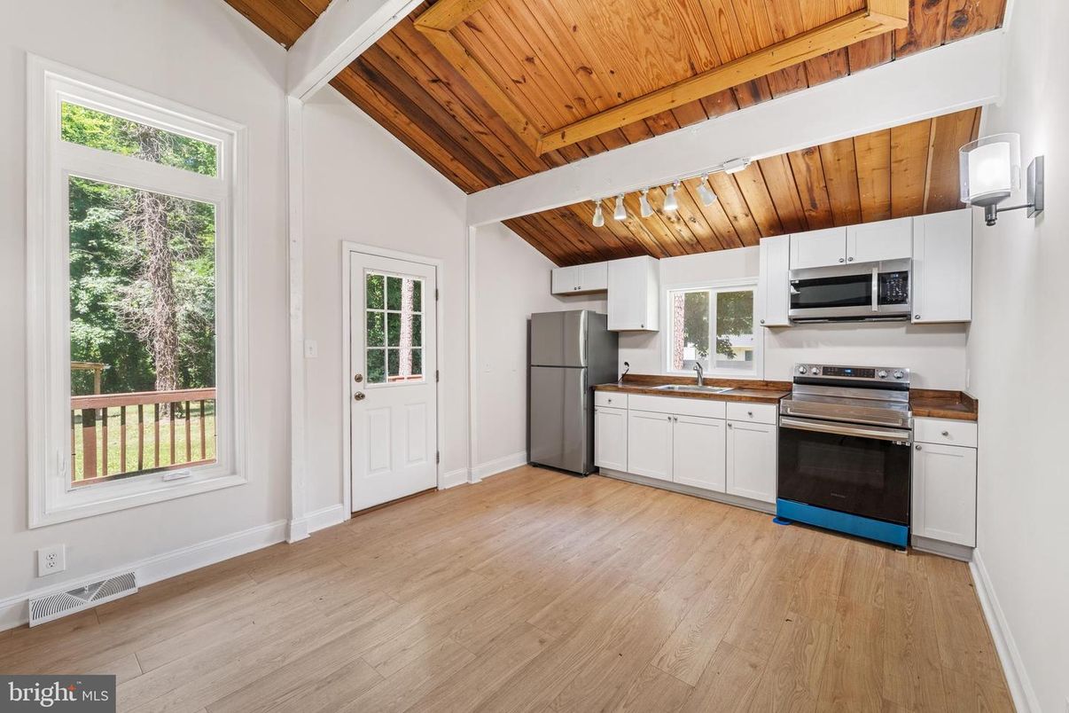 Interior, Kitchen, Stainless Steel Appliances, Wooden Ceilings, Wood Texture Flooring