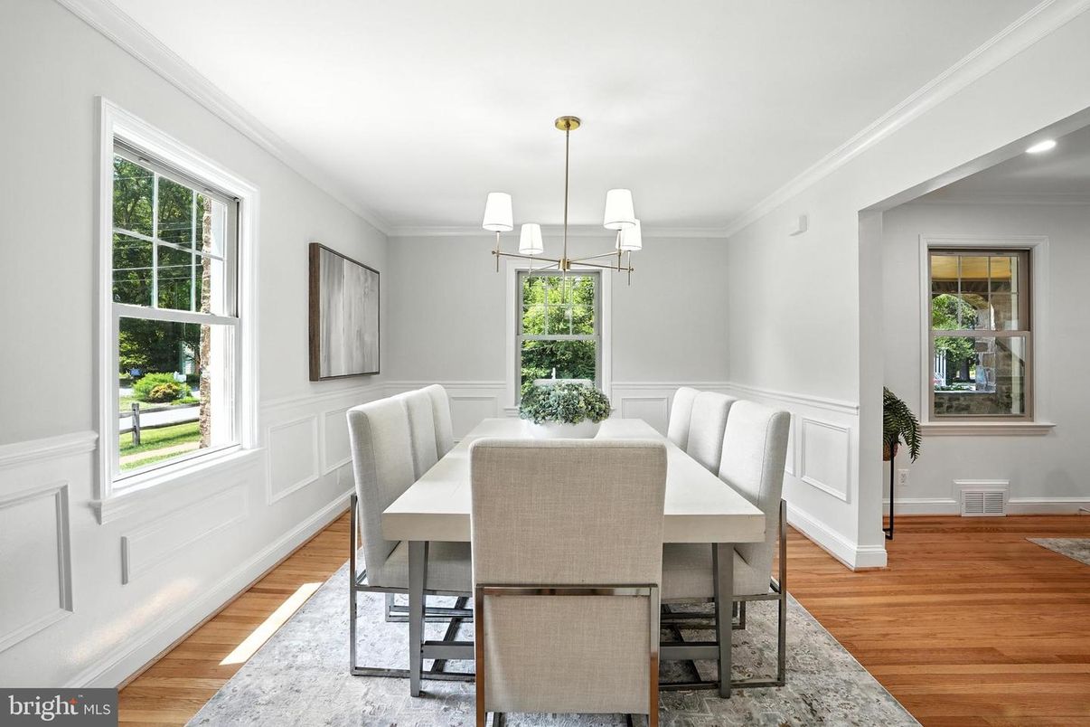 Dining room, Interior, Pendant Lights, Wood Texture Flooring