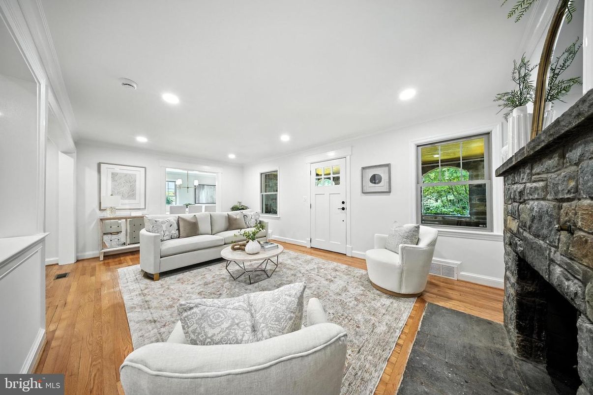 Fireplace, Interior, Living room, Recessed Lighting, Stone Walls, Wood Texture Flooring