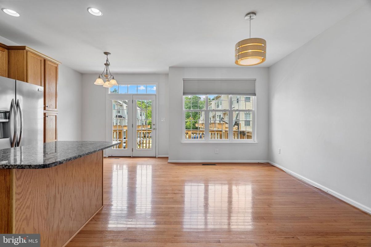 Empty room, Interior, Kitchen, Pendant Lights, Recessed Lighting, Wood Texture Flooring