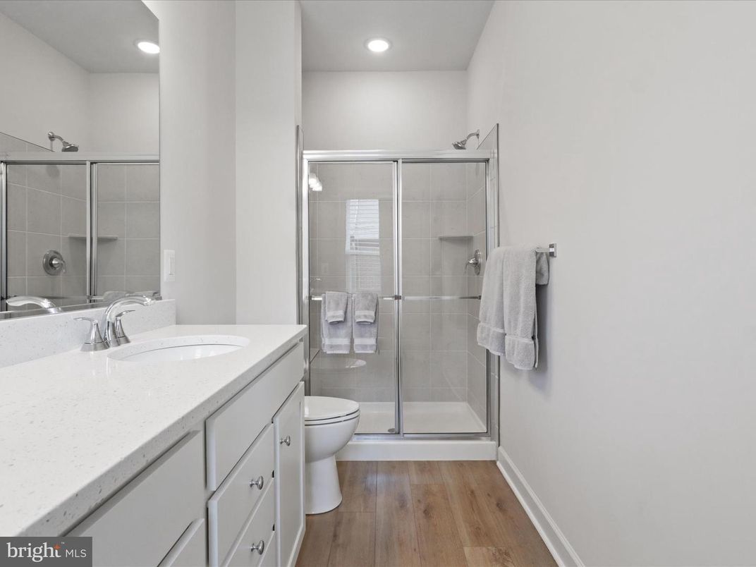 Bathroom, Glass Shower, Interior, Recessed Lighting, Wood Texture Flooring