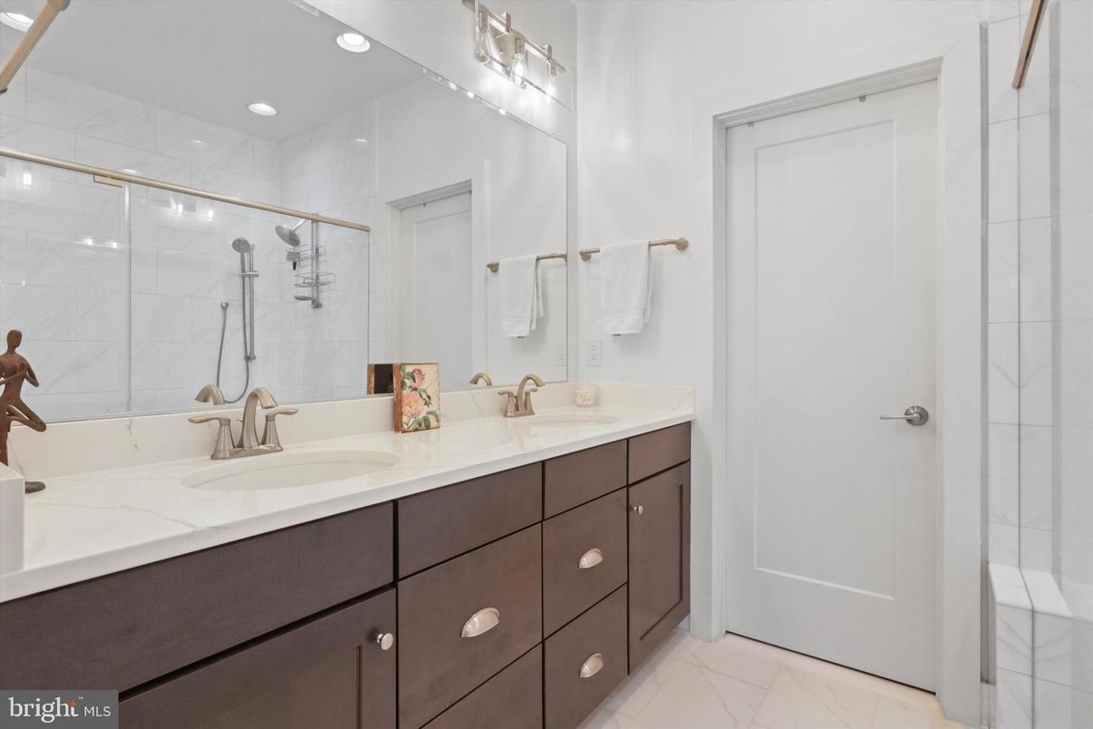 Bathroom, Dual Sink Vanities, Glass Shower, Interior, Marble, Recessed Lighting