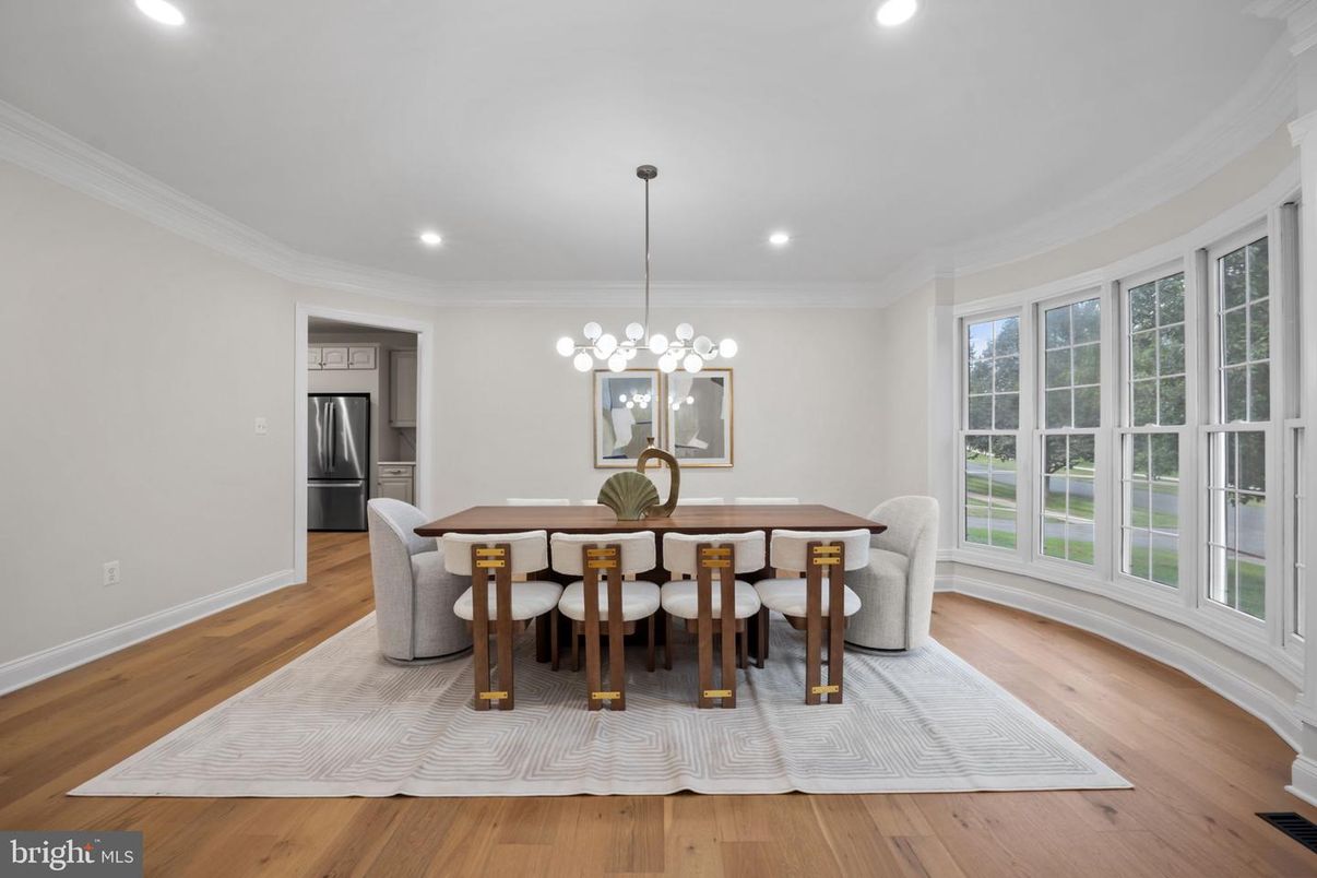 Dining room, Interior, Pendant Lights, Recessed Lighting, Stainless Steel Appliances, Wood Texture Flooring