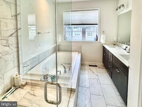 Bathroom, Dual Sink Vanities, Glass Shower, Interior, Marble, Marble Walls