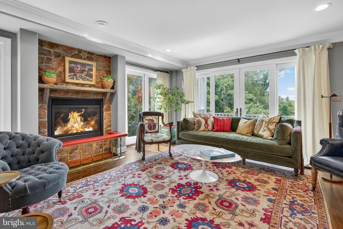 Fireplace, Interior, Living room, Recessed Lighting, Stone Walls, Wood Texture Flooring