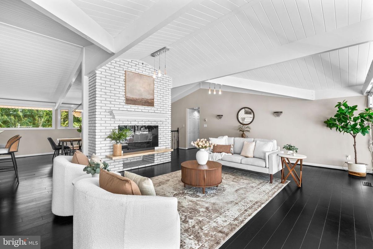 Dining room, Fireplace, Interior, Living room, Pendant Lights, Stone Walls, Wood Texture Flooring