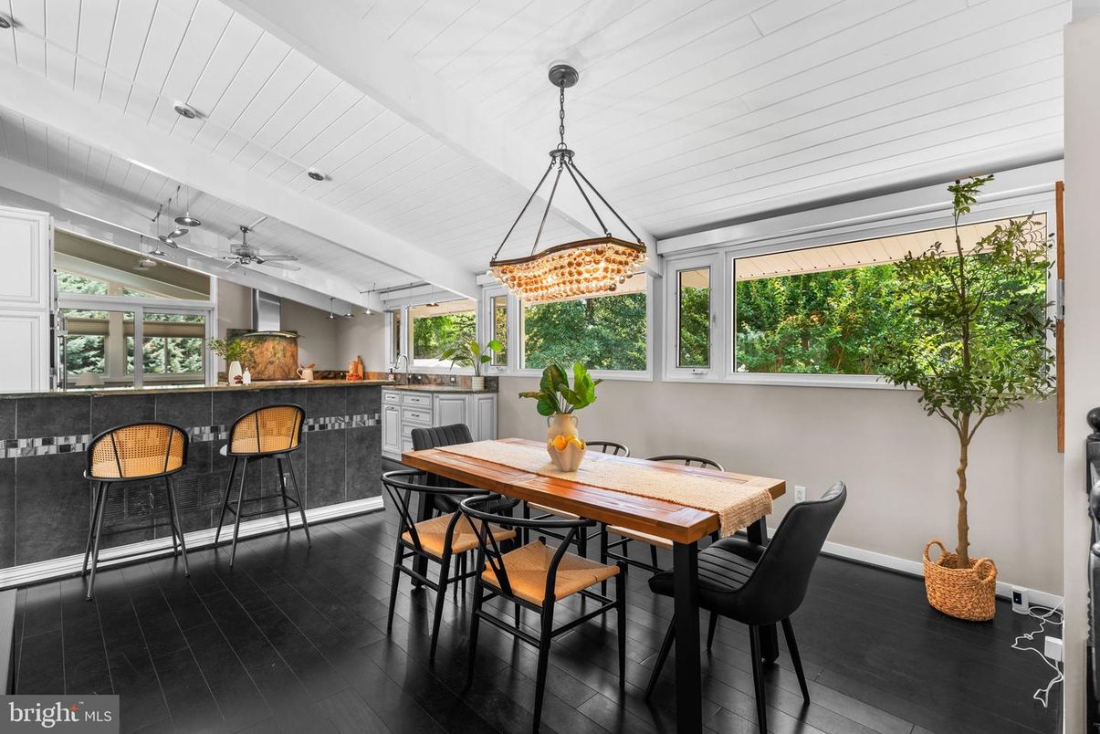 Dining room, Interior, Pendant Lights, Wood Texture Flooring
