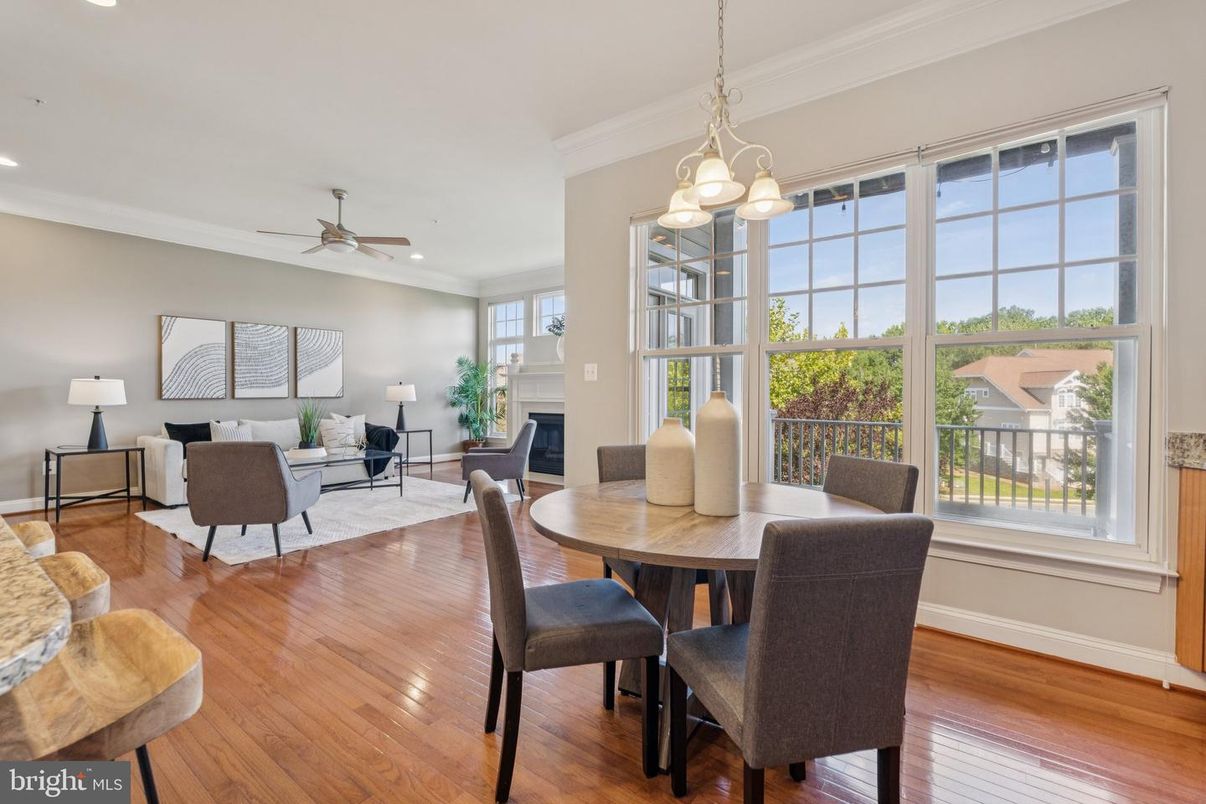 Dining room, Fireplace, Interior, Living room, Pendant Lights, Recessed Lighting, Wood Texture Flooring
