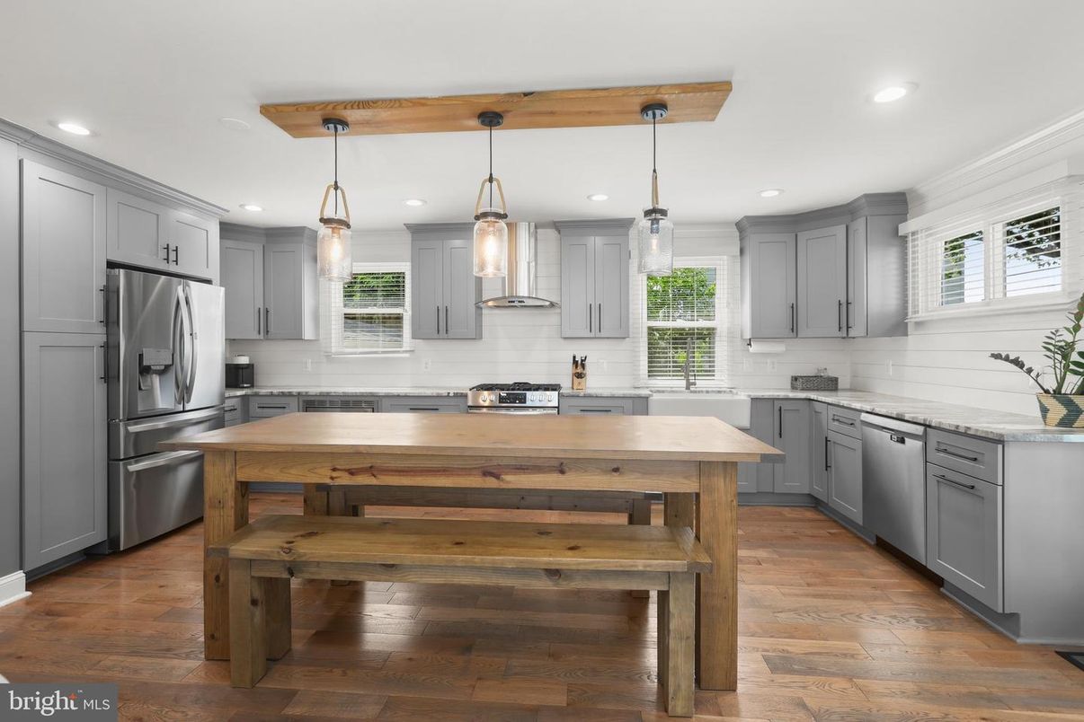 Interior, Kitchen, Pendant Lights, Recessed Lighting, Stainless Steel Appliances, Wood Texture Flooring