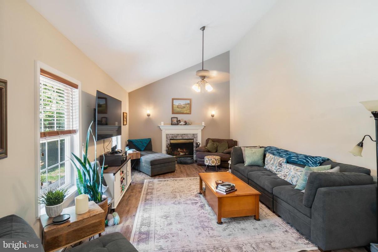 Fireplace, Interior, Living room, Pendant Lights, Wood Texture Flooring