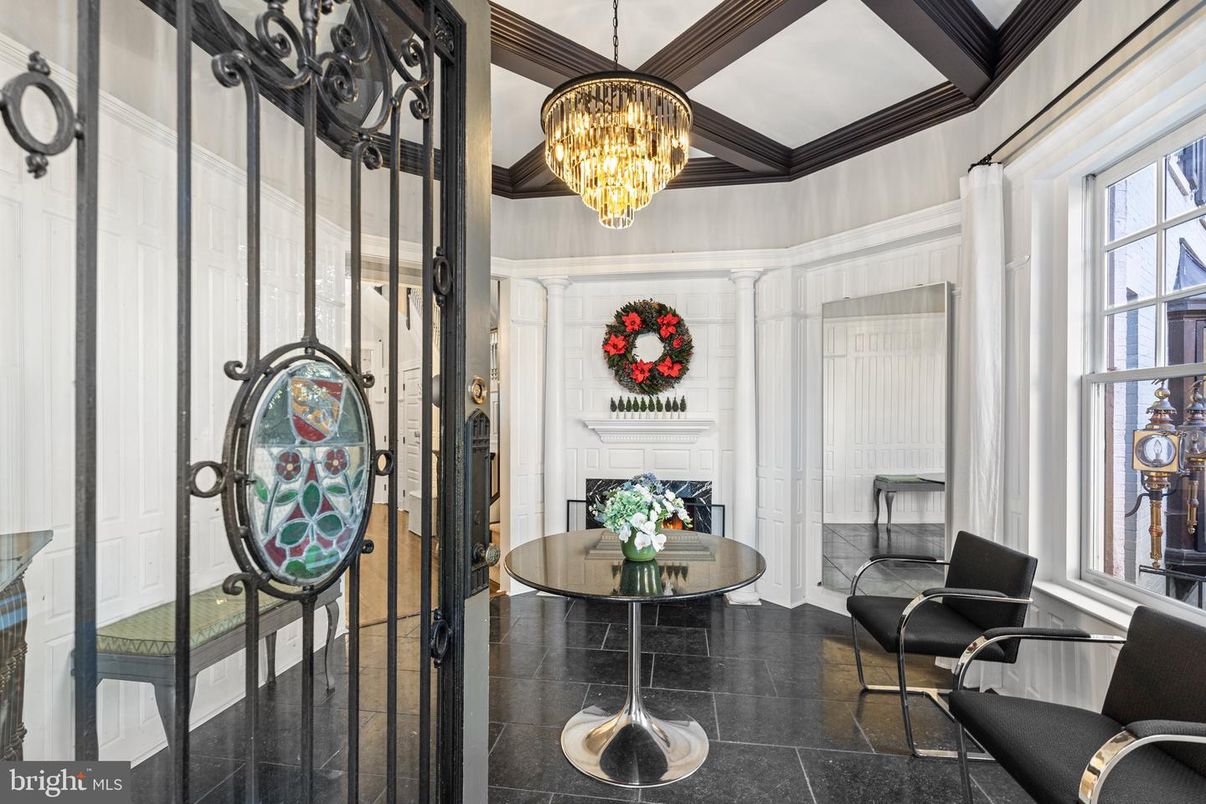 Chandelier, Fireplace, Interior