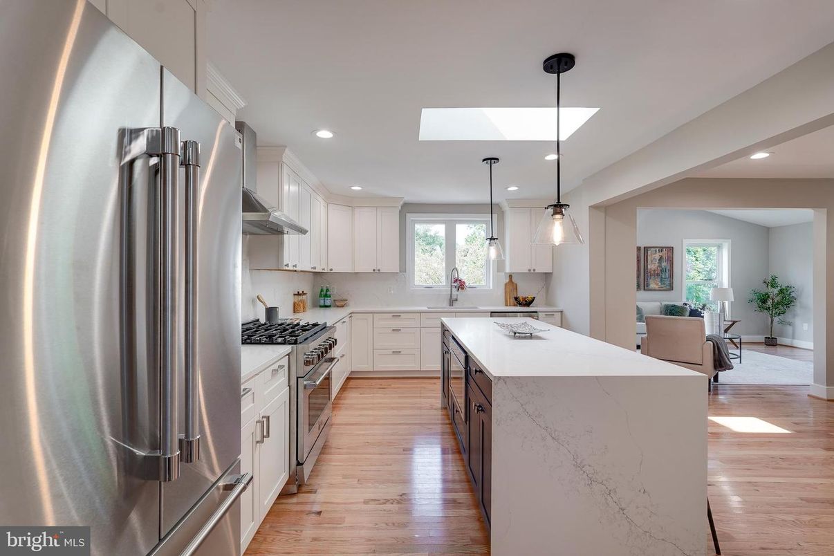 Interior, Kitchen, Pendant Lights, Recessed Lighting, Stainless Steel Appliances, Wood Texture Flooring