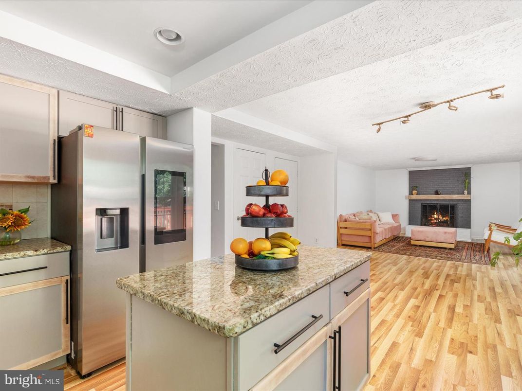 Fireplace, Interior, Kitchen, Living room, Recessed Lighting, Wood Texture Flooring