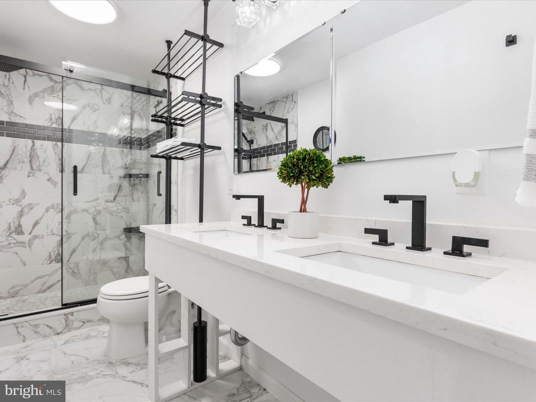 Bathroom, Dual Sink Vanities, Glass Shower, Interior, Marble, Marble Walls, Recessed Lighting