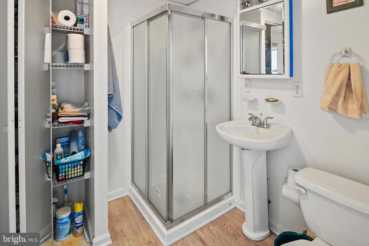 Bathroom, Glass Shower, Interior, Wood Texture Flooring