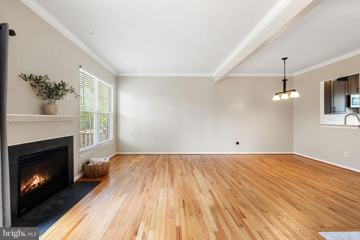 Empty room, Fireplace, Interior, Pendant Lights, Recessed Lighting, Wood Texture Flooring