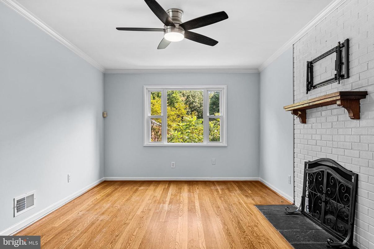Empty room, Fireplace, Interior, Stone Walls, Wood Texture Flooring