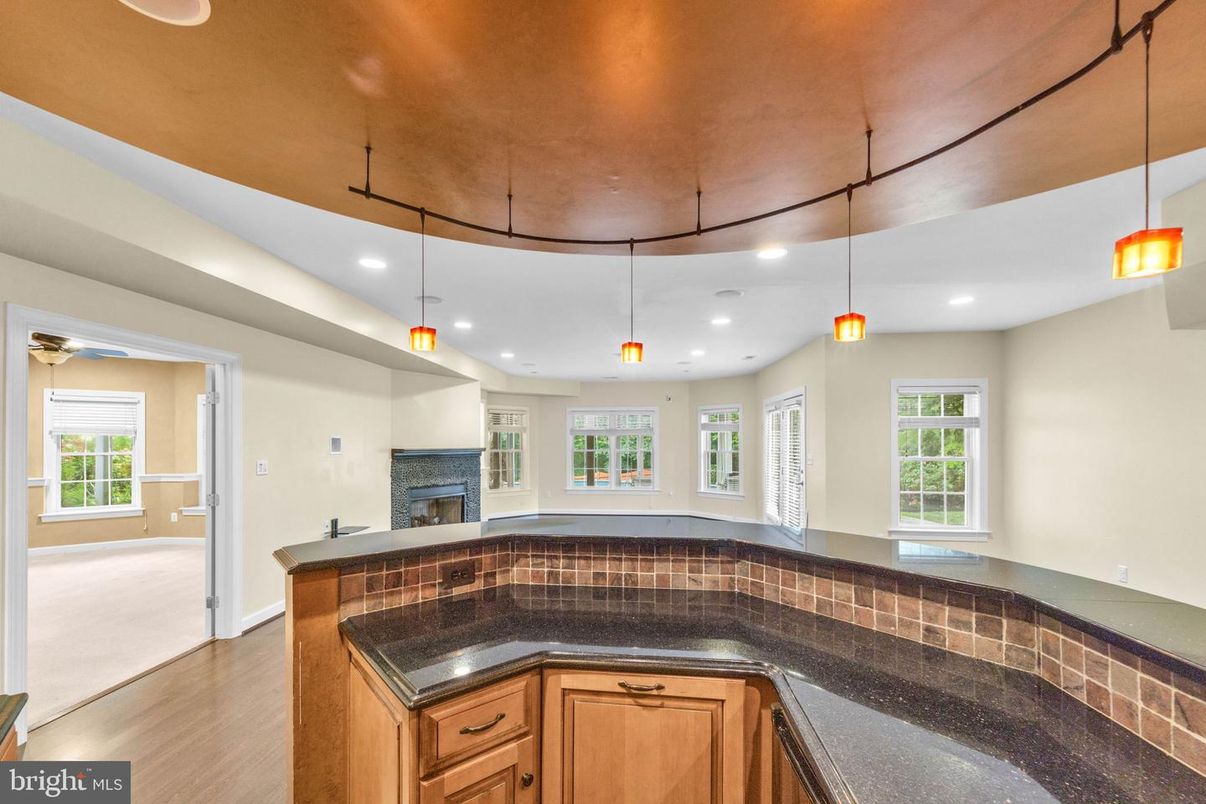 Fireplace, Interior, Pendant Lights, Recessed Lighting, Wood Texture Flooring