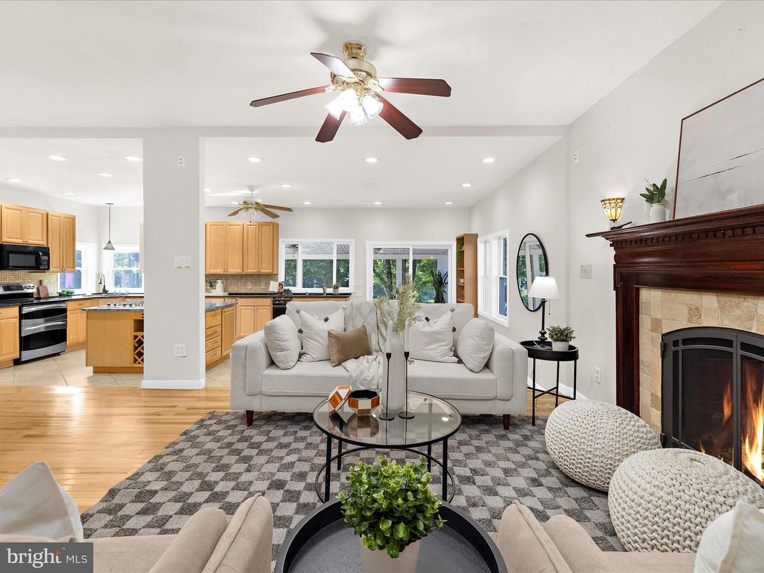 Fireplace, Interior, Kitchen, Living room, Recessed Lighting, Wood Texture Flooring