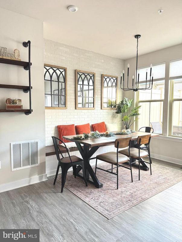 Dining room, Interior, Pendant Lights, Recessed Lighting, Wood Texture Flooring