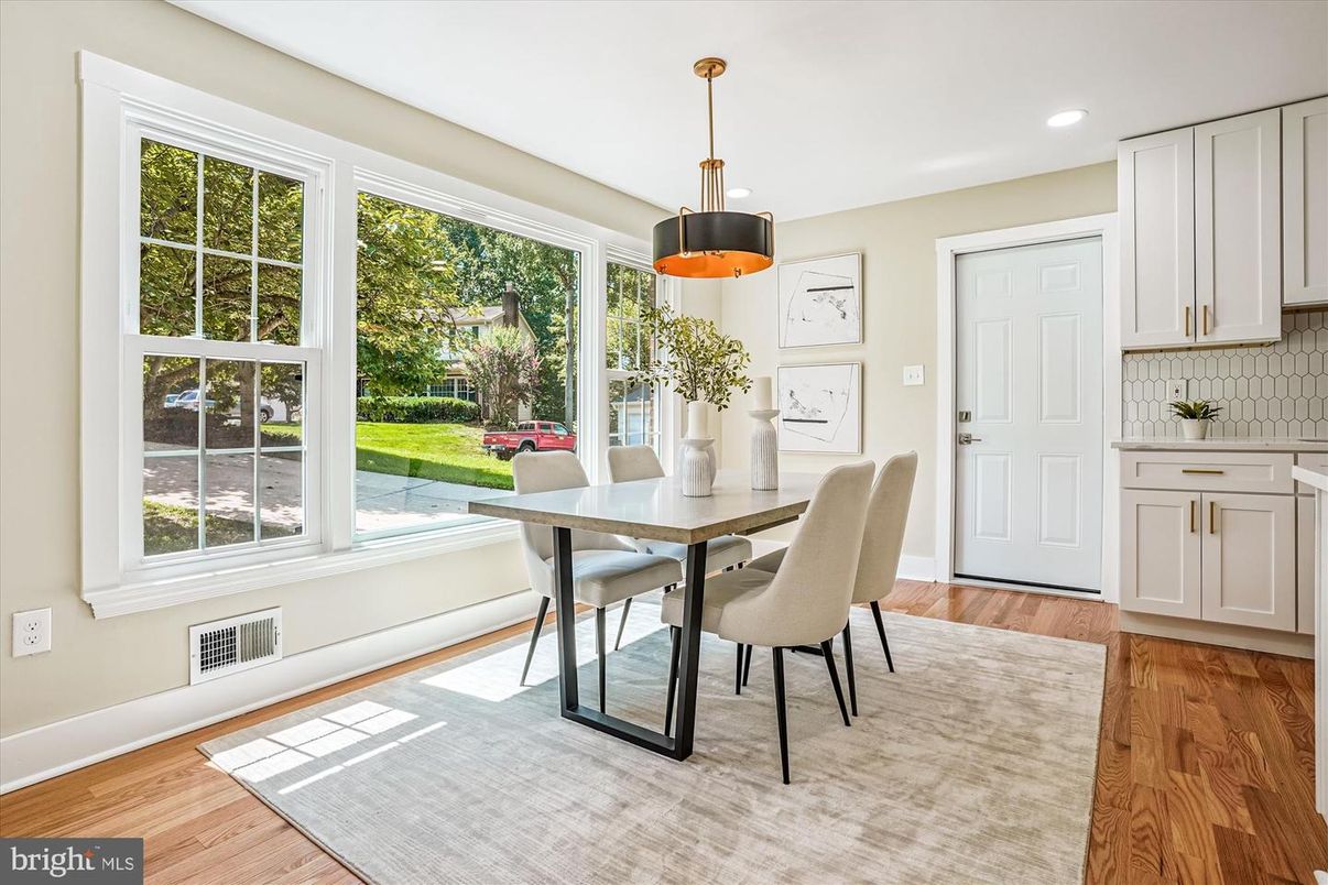 Dining room, Interior, Pendant Lights, Recessed Lighting, Wood Texture Flooring