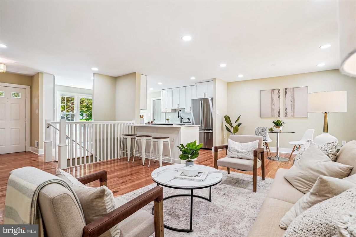 Interior, Kitchen, Living room, Recessed Lighting, Stainless Steel Appliances, Wood Texture Flooring