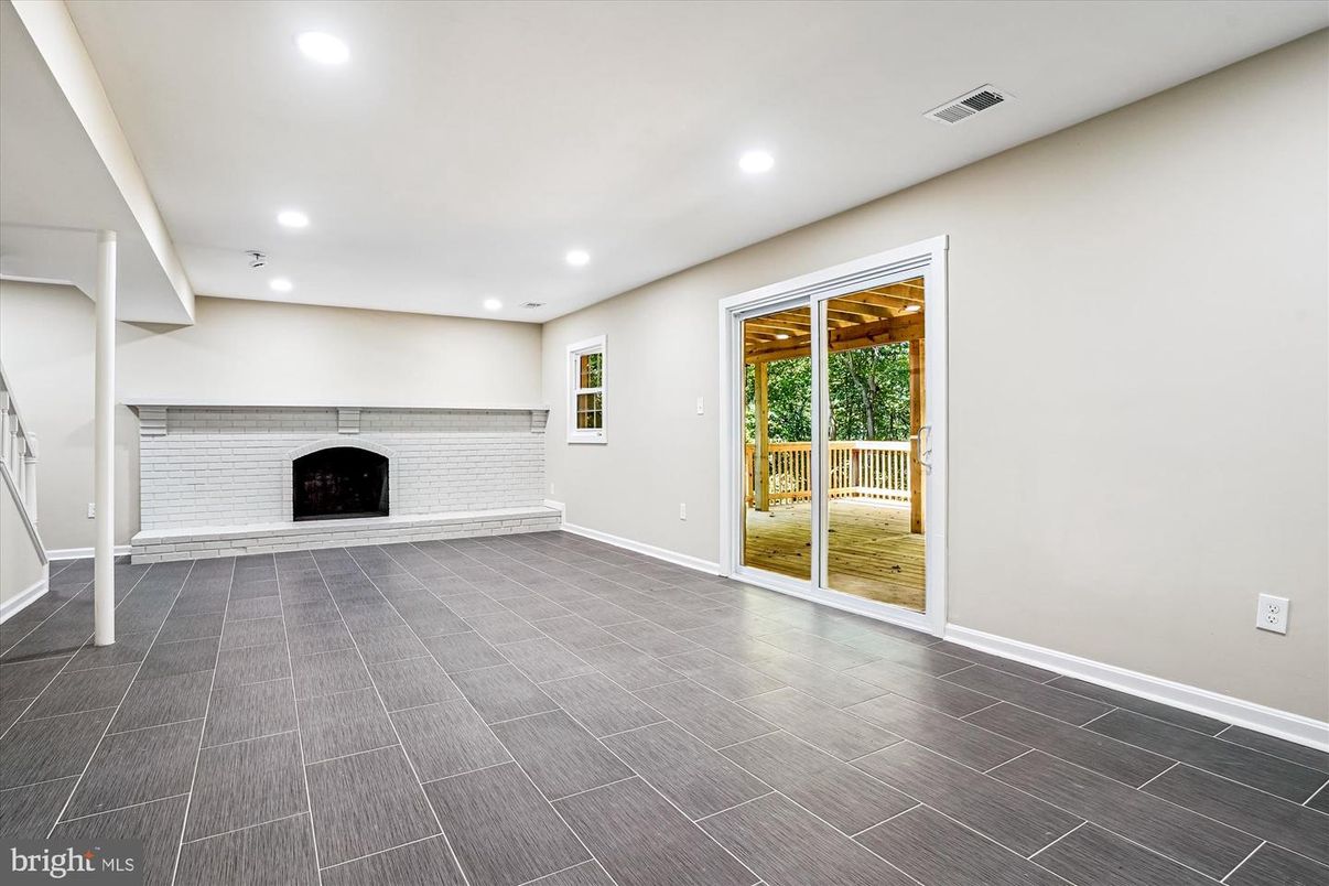 Empty room, Fireplace, Interior, Recessed Lighting, Stone Walls