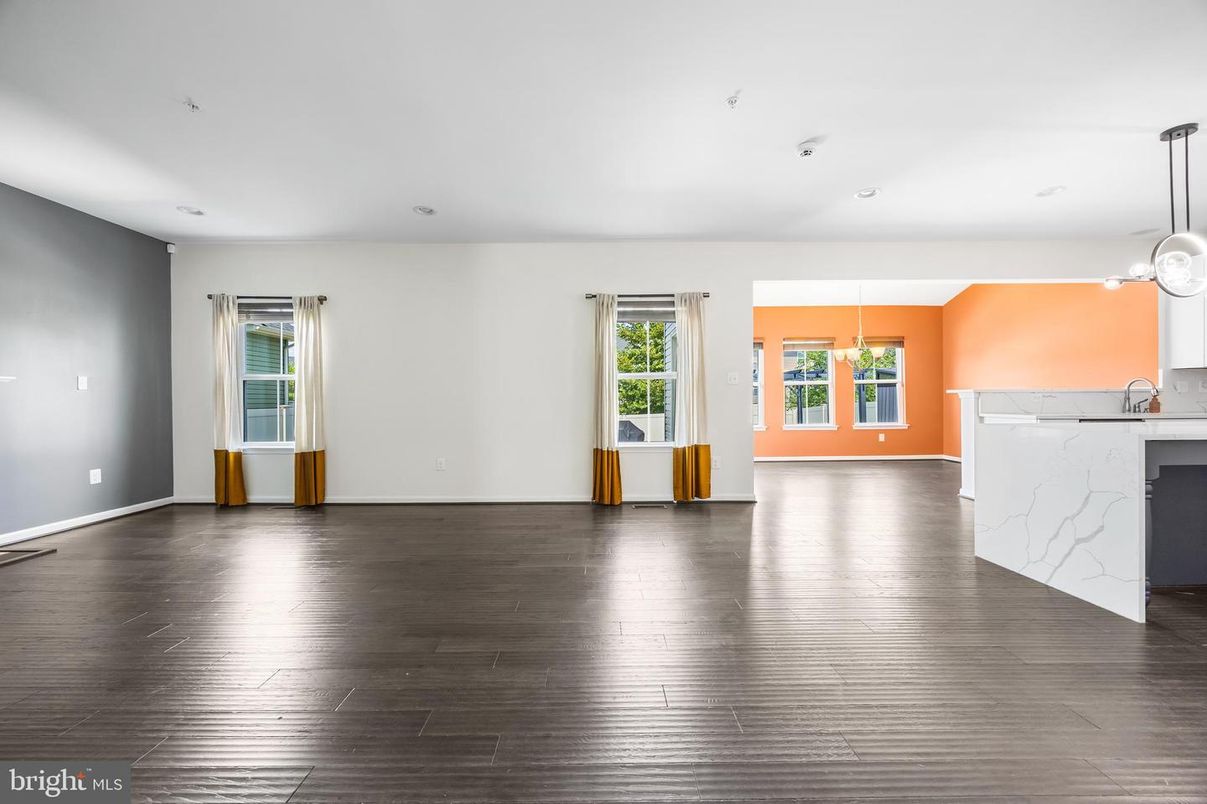 Interior, Kitchen, Marble Walls, Pendant Lights, Recessed Lighting, Wood Texture Flooring