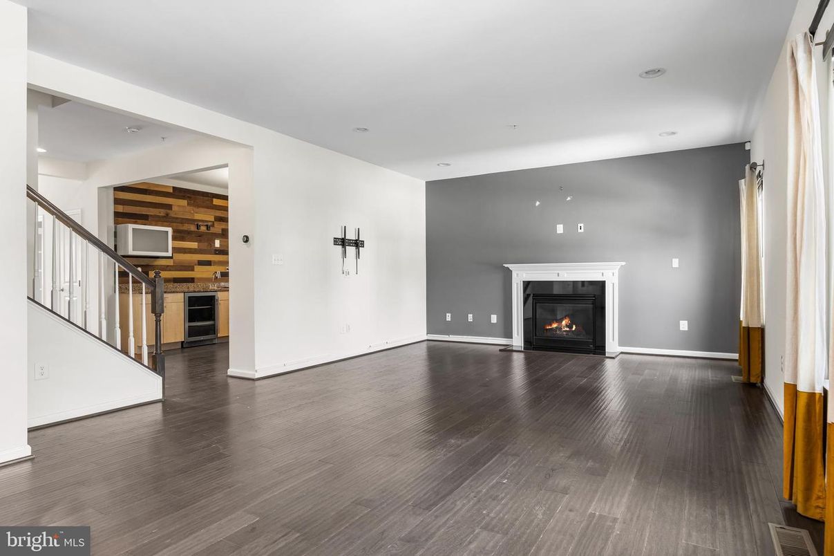 Empty room, Fireplace, Interior, Recessed Lighting, Wood Texture Flooring, Wooden Walls