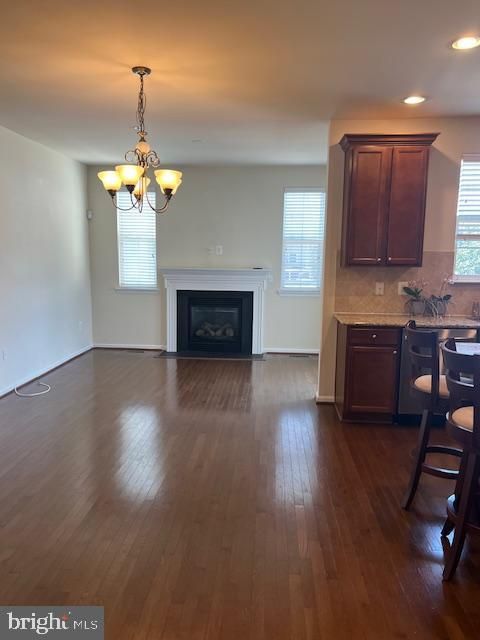 Chandelier, Empty room, Fireplace, Interior, Recessed Lighting, Wood Texture Flooring
