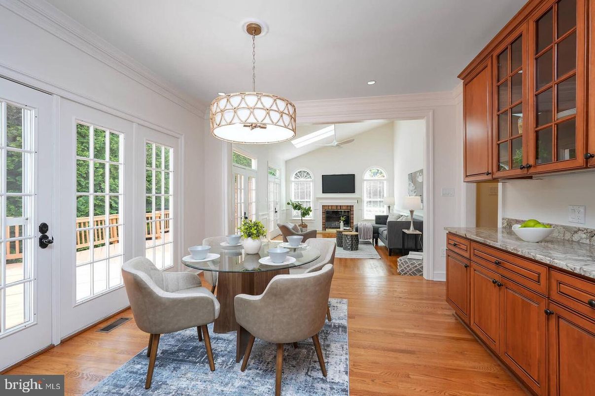 Dining room, Fireplace, Interior, Living room, Pendant Lights, Recessed Lighting, Wood Texture Flooring