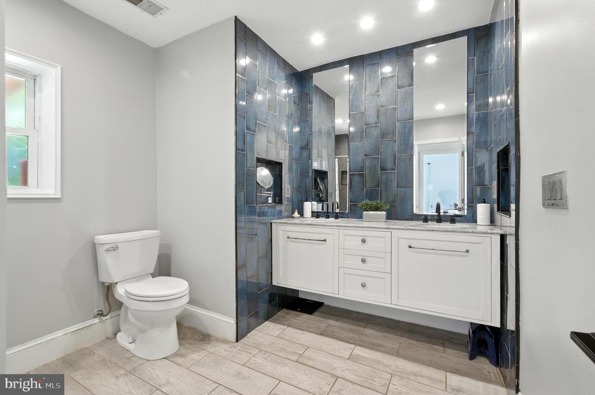 Bathroom, Dual Sink Vanities, Interior, Recessed Lighting, Wood Texture Flooring
