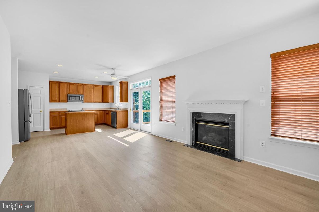 Fireplace, Interior, Kitchen, Recessed Lighting, Wood Texture Flooring