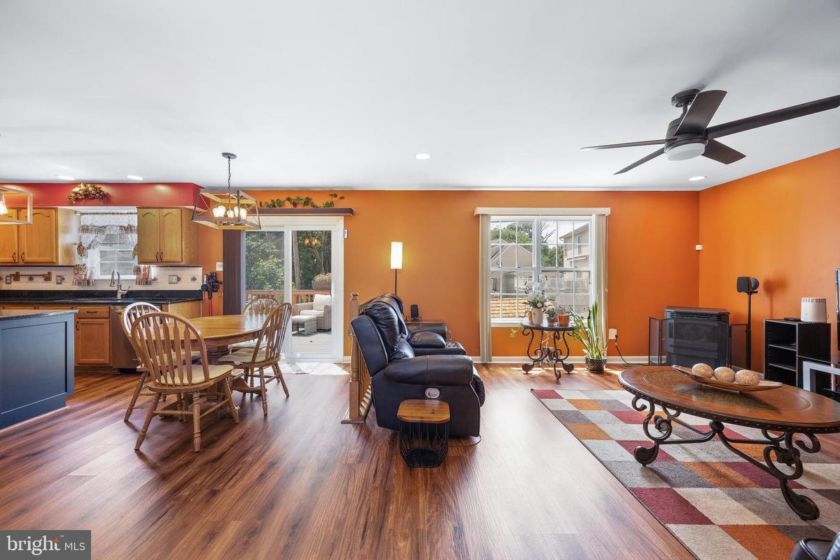 Dining room, Fireplace, Interior, Kitchen, Living room, Pendant Lights, Recessed Lighting, Wood Texture Flooring