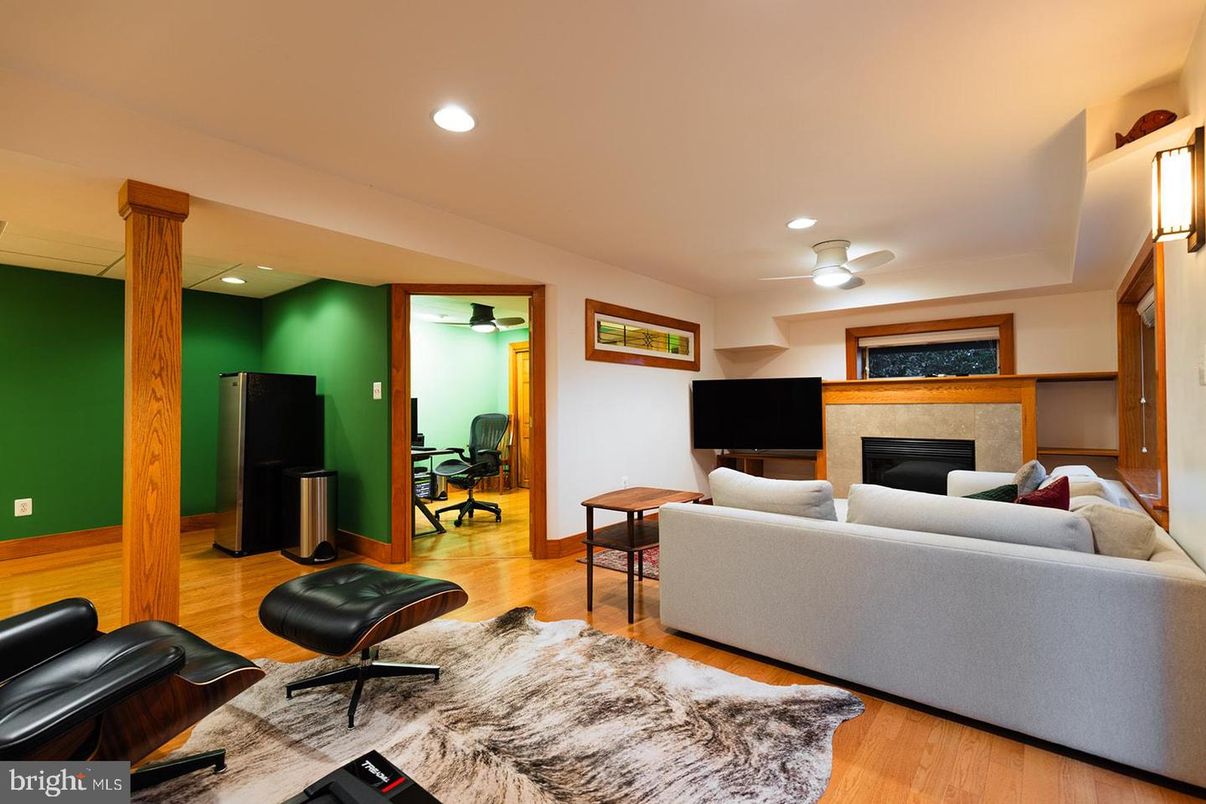 Fireplace, Home Office, Interior, Living room, Recessed Lighting, Wood Texture Flooring
