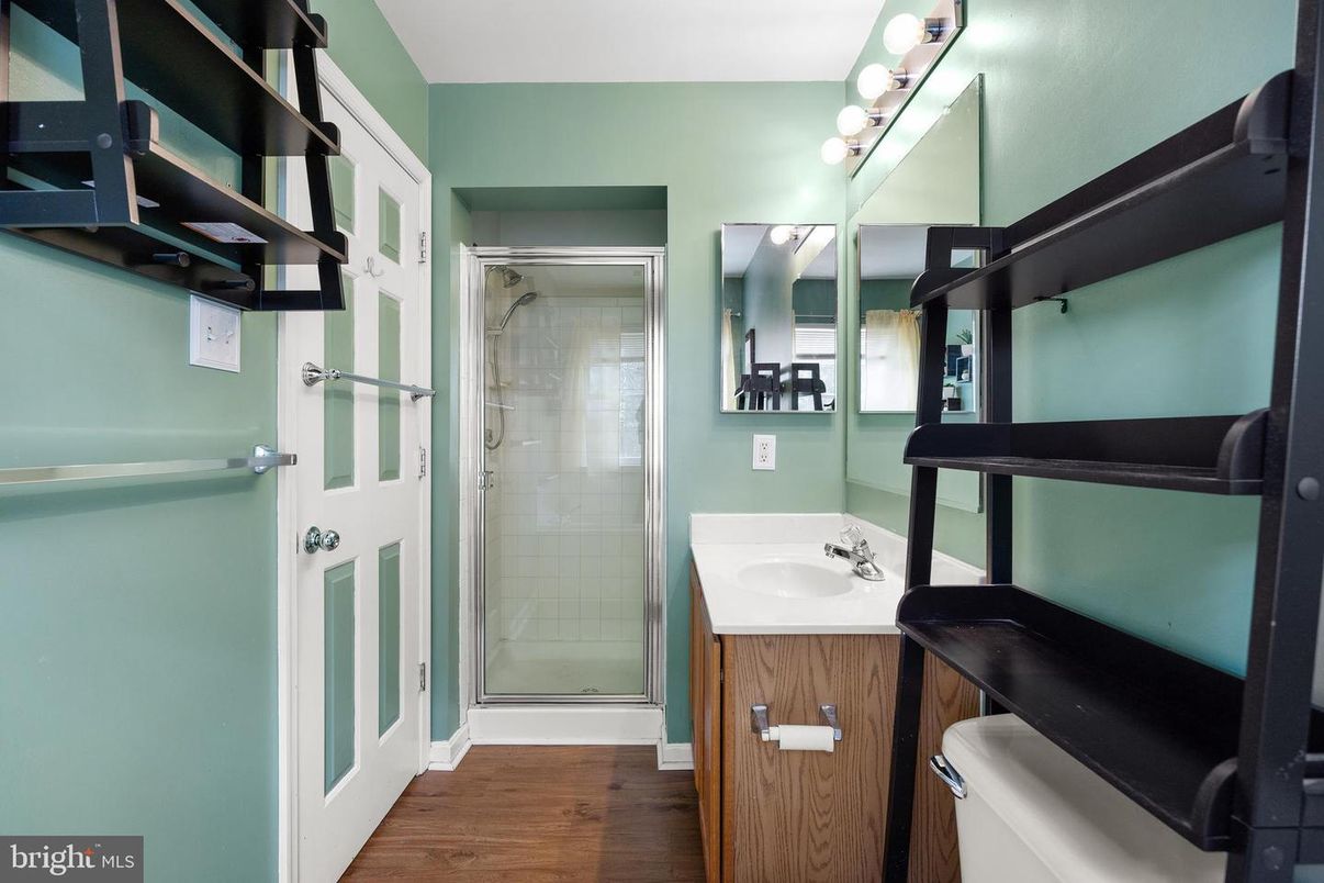 Bathroom, Glass Shower, Interior, Wood Texture Flooring