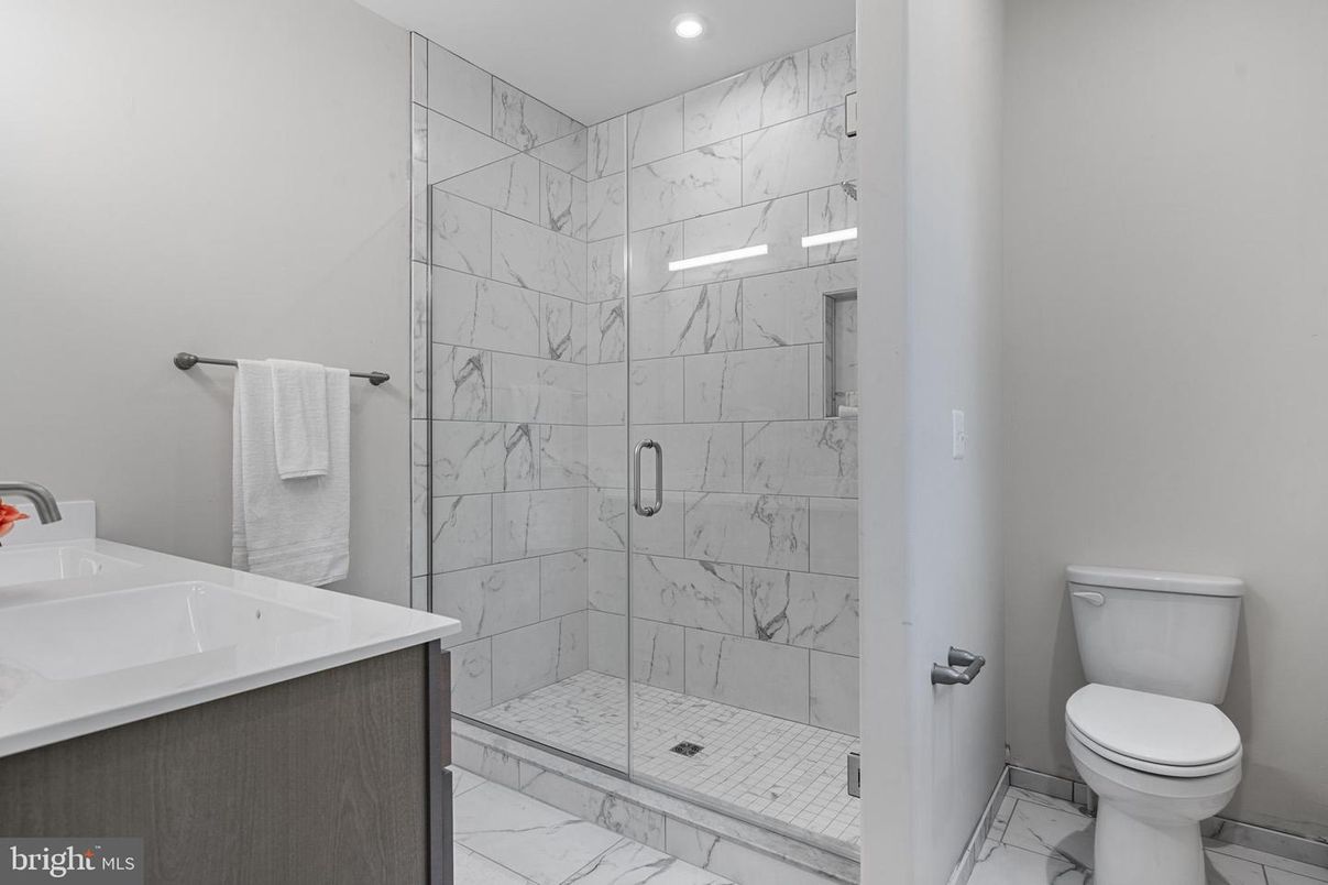 Bathroom, Glass Shower, Interior, Marble, Marble Walls, Recessed Lighting