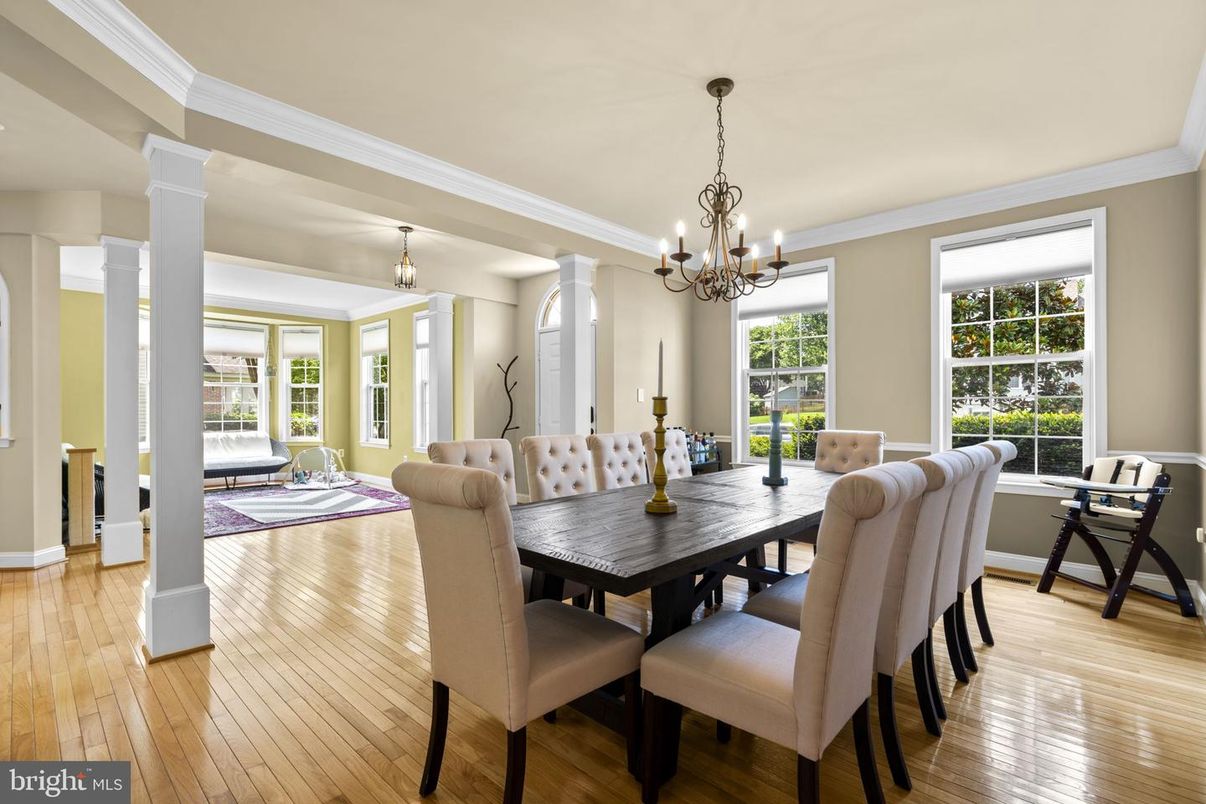 Chandelier, Dining room, Interior, Wood Texture Flooring