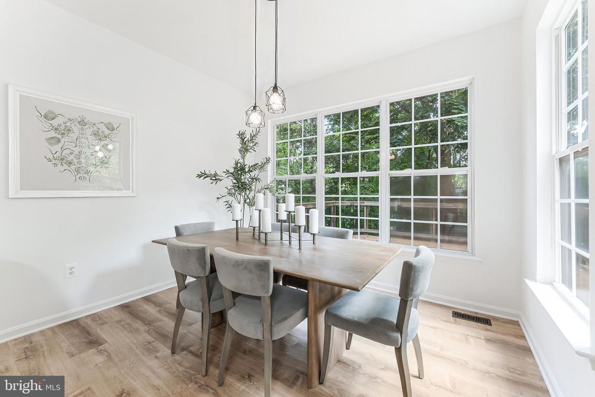 Dining room, Interior, Pendant Lights, Wood Texture Flooring