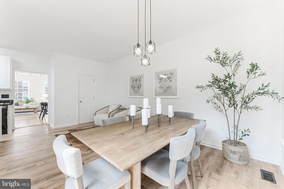 Dining room, Interior, Pendant Lights, Wood Texture Flooring