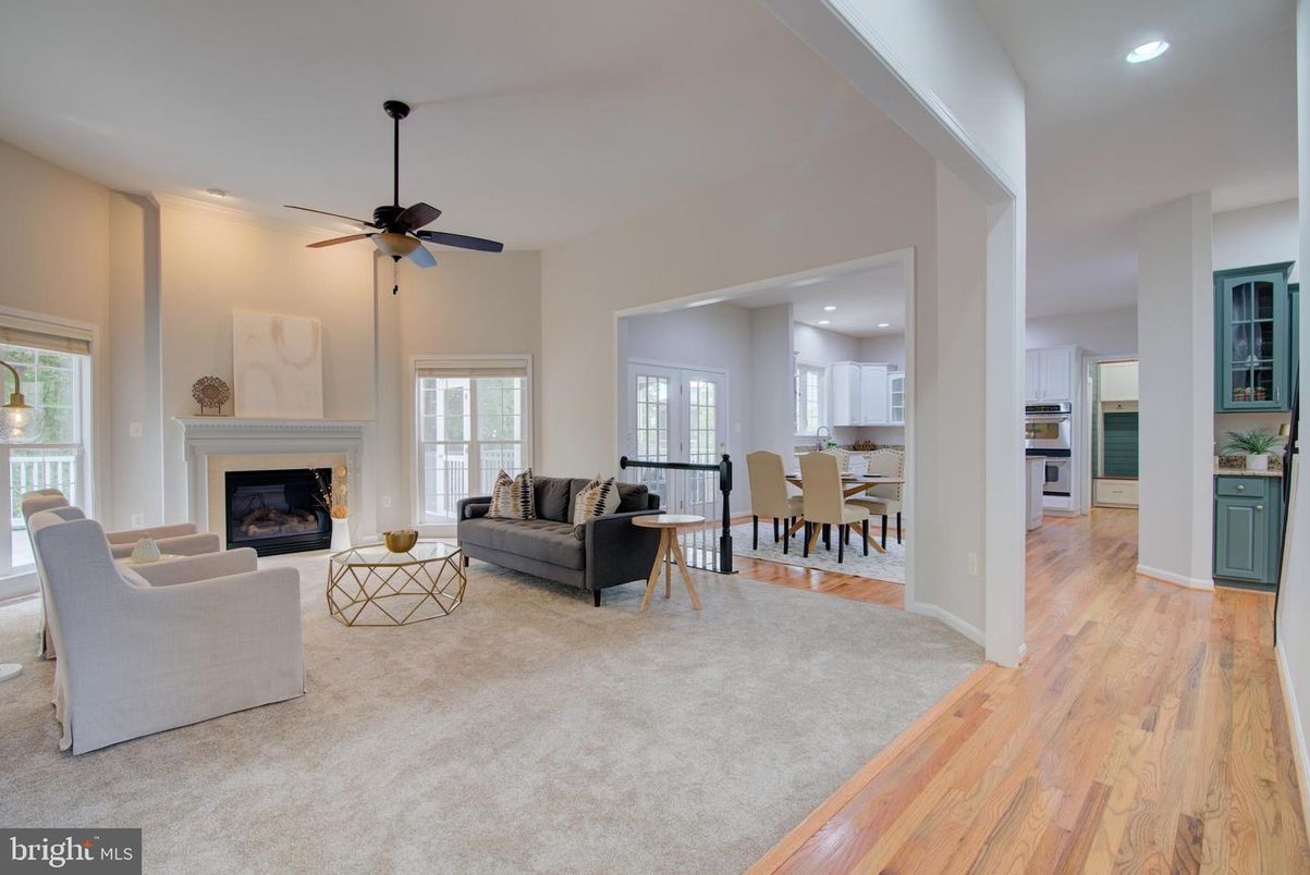 Dining room, Fireplace, Interior, Kitchen, Living room, Recessed Lighting, Wood Texture Flooring