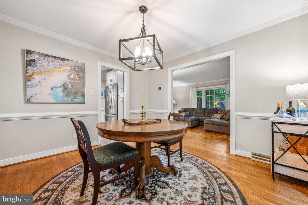 Dining room, Interior, Pendant Lights, Stainless Steel Appliances, Wood Texture Flooring