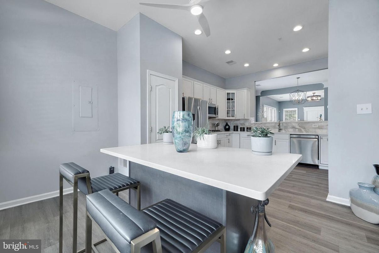 Chandelier, Interior, Kitchen, Recessed Lighting, Stainless Steel Appliances, Wood Texture Flooring