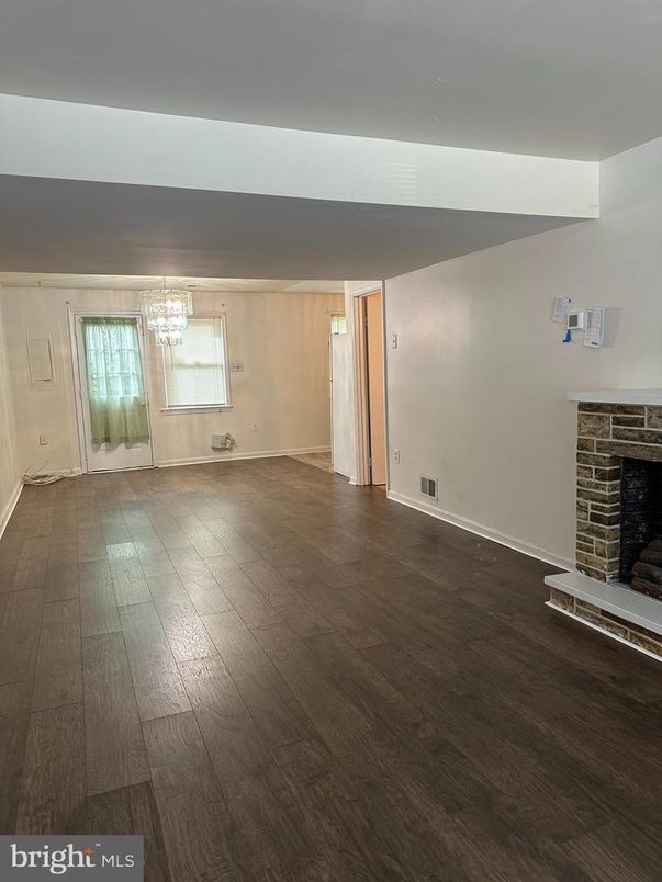 Chandelier, Empty room, Fireplace, Interior, Wood Texture Flooring
