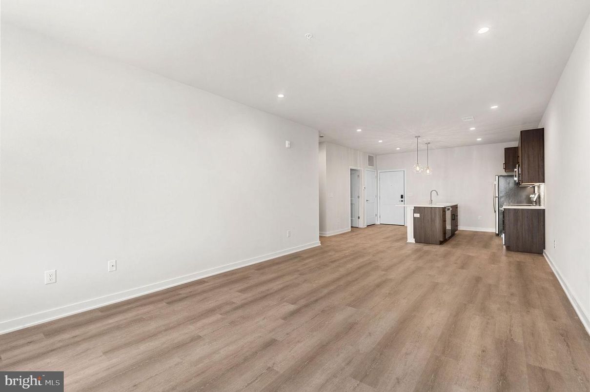 Empty room, Interior, Kitchen, Pendant Lights, Recessed Lighting, Wood Texture Flooring