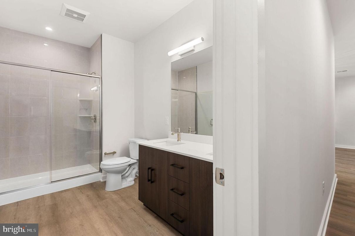 Bathroom, Glass Shower, Interior, Recessed Lighting, Wood Texture Flooring